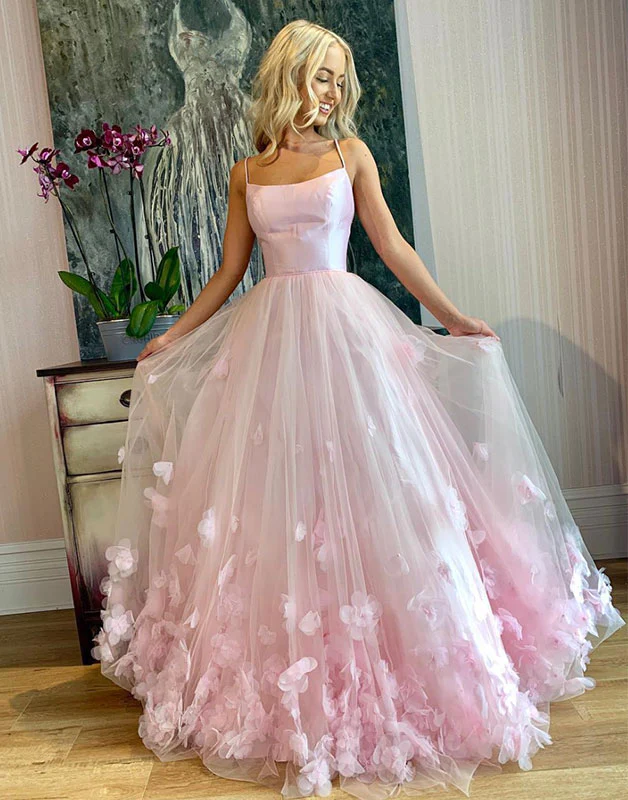 Rosa Tüll 3D Applikation langes Ballkleid, rosa Tüll Abendkleid gh904
