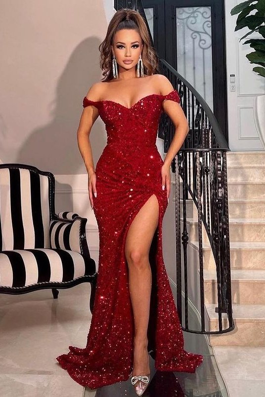 Rotes, schulterfreies, herzförmiges, paillettenbesetztes Meerjungfrau-Abschlussballkleid mit Schlitz gh741