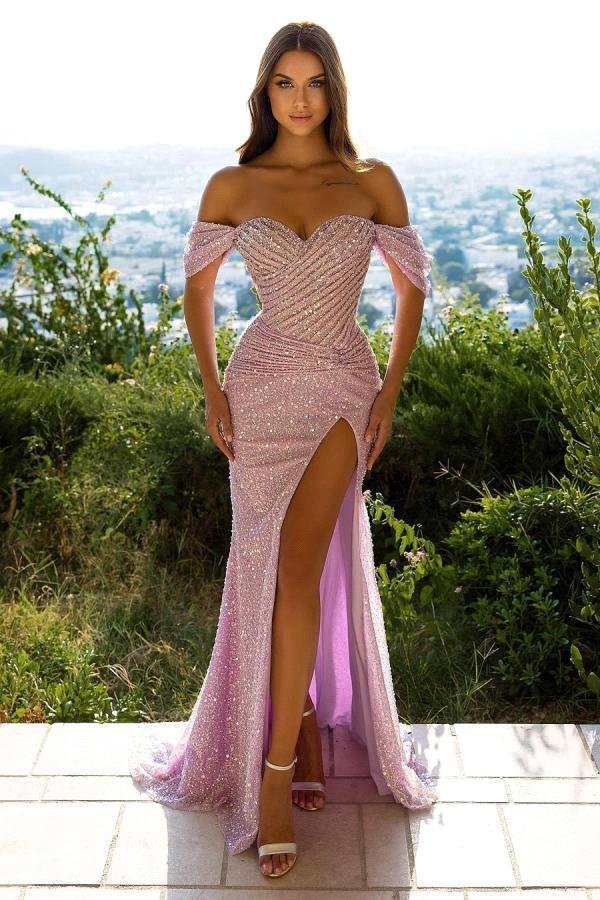 Schulterfreies Pailletten-Meerjungfrau-Abschlussballkleid Split gh617