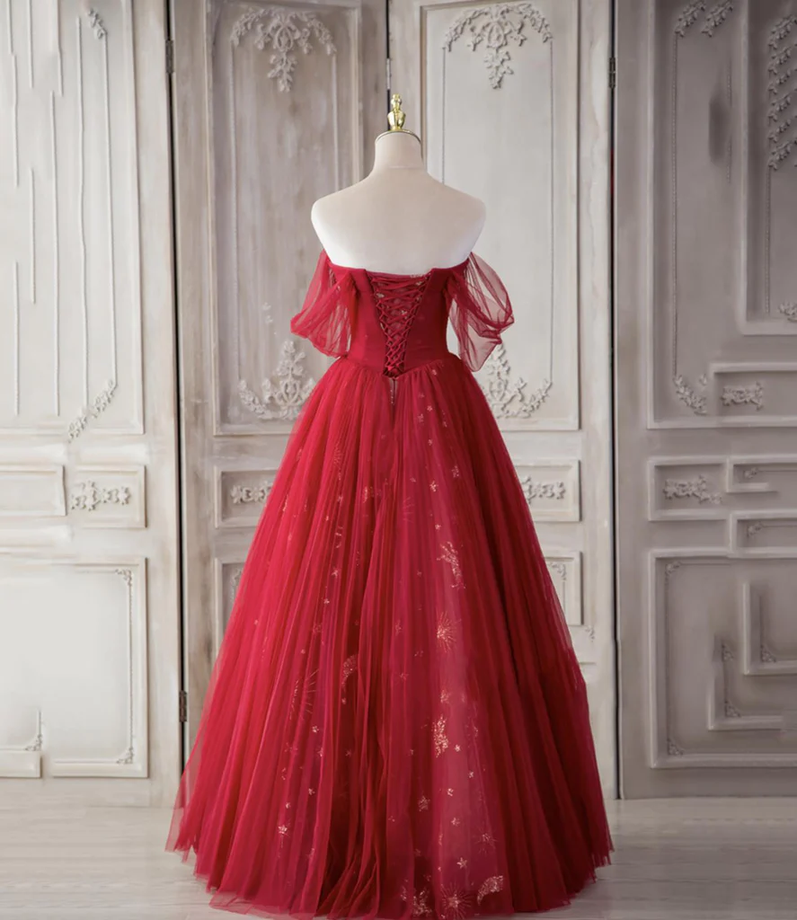 Roter Schatz Tüll Lange schöne Ballkleider, Weinrote Partykleider Abendkleid gh9
