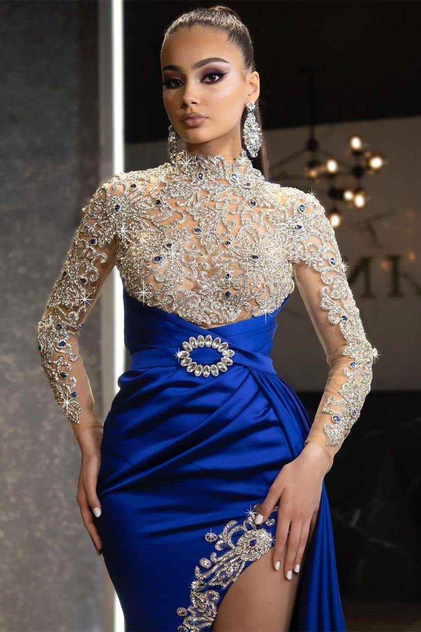 Royal Blue Long Sleeves Beadings Mermaid Prom Dress Split With Ruffles gh760