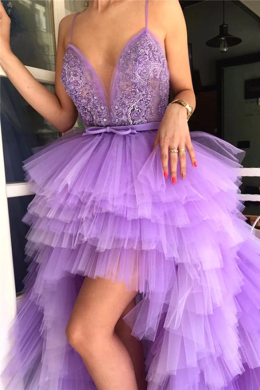 Spaghetti-Trägern lila Tüll Ballkleider Applikation Perlen V-Ausschnitt langes Abendkleid gh982