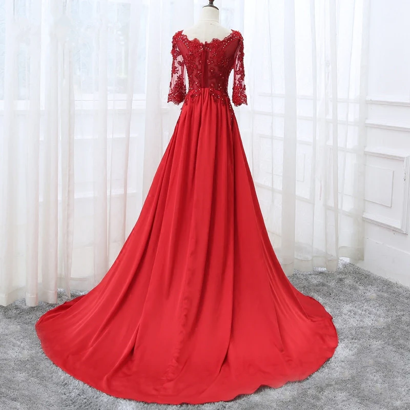 Schönes rotes Satinkleid mit kurzen Ärmeln, langes Partykleid, rotes Ballkleid gh187