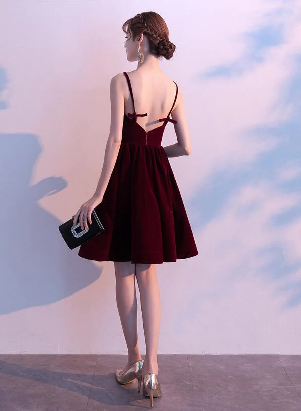 Robe de soirée courte en velours bordeaux à bretelles, jolie robe de soirée de mariage courte gh428