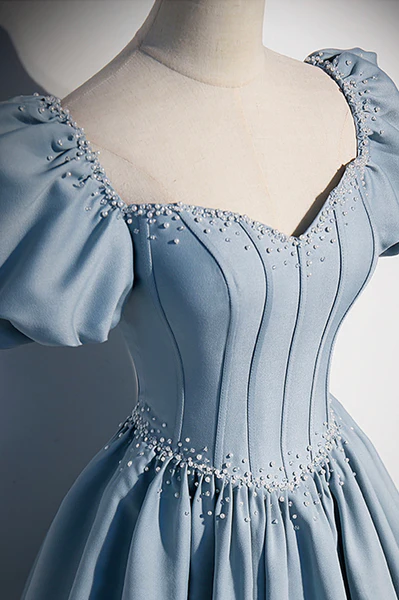 Schöne Satin-wulstige kurze Hülsen-formales Kleid, lange A-Linie Abschlussball-Kleid-Partei-Kleider gh3