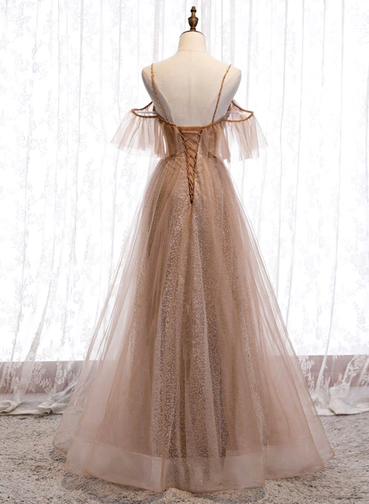 Champagner Tüll Schulterfrei A-Linie Ballkleid, Langes Abendkleid Partykleid gh26