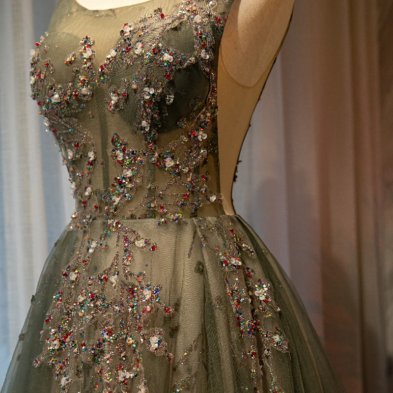 Schöner Tüll mit Applikation Hellgrüner runder Ausschnitt Ballkleid, niedriges schwarzes langes formelles Kleid gh92