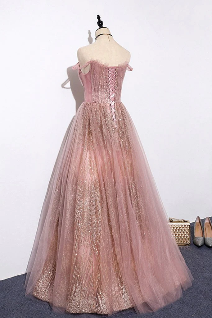 Einzigartige rosa Pailletten Tüll schulterfrei langes Abschlussballkleid in benutzerdefinierter Größe gh329