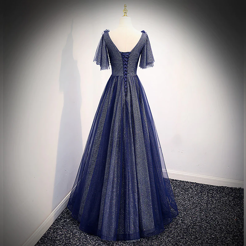 Navy Blue V-Neckline Long Tulle Party Dress With Sleeves, Blue Bridesmaid Dresses Party Dress gh45