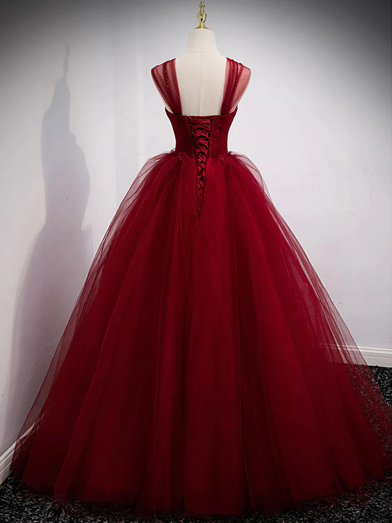 Gorgeous Wine Red Tulle Ball Gown Long Prom Dress Formal Dress, Burgundy Sweet 16 Dresses gh14