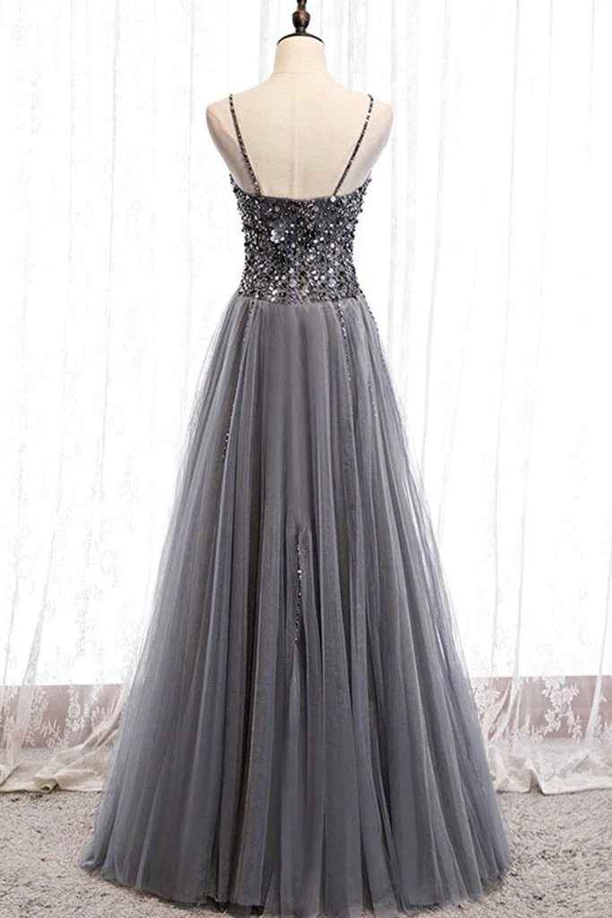 Beautiful Grey Beaded Tulle Prom Dresses, Straps Party Dress gh194