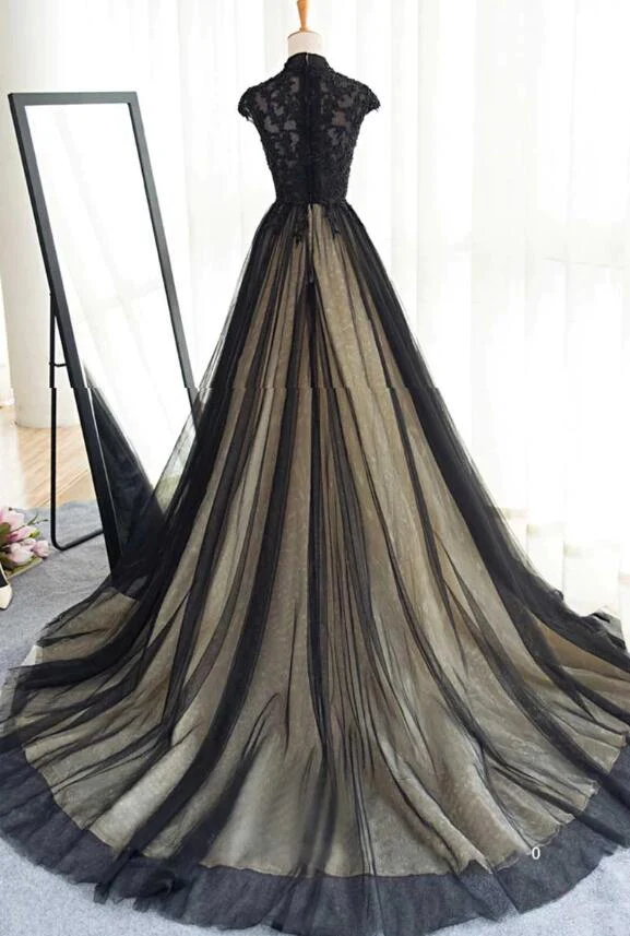 Schöne schwarze Ballkleider High Neck Sweep Train Ballkleid, schwarzes Partykleid gh437