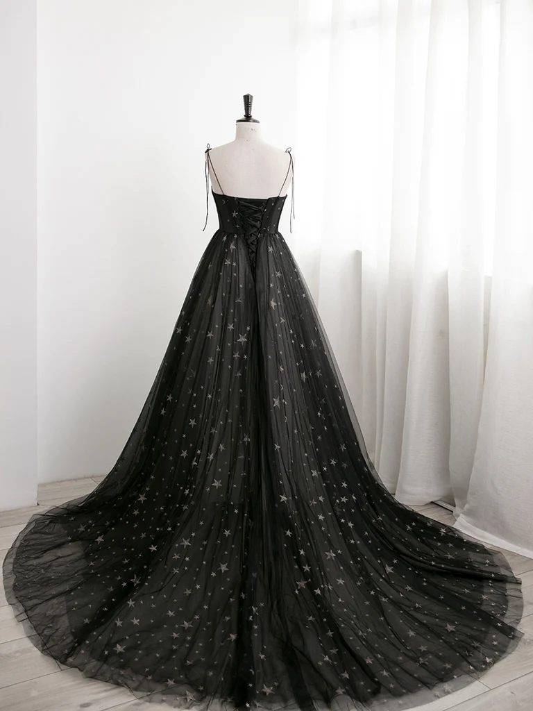 Black Sweetheart Tulle Straps Long Evening Dress, Black Formal Dress Party Dresses Prom dress gh11