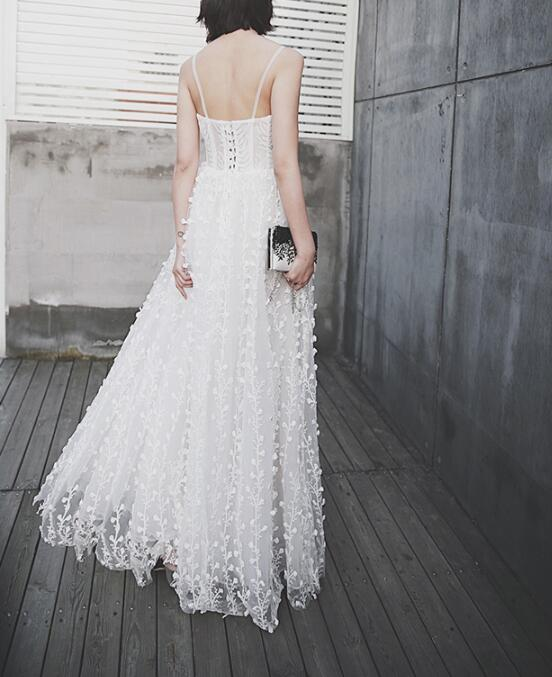 Elegant White Straps Floral Long Prom Dress Party Dress gh378