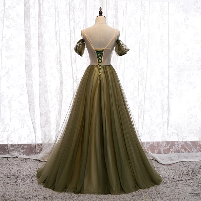 Schulterfreier Tüll-Schatz-bodenlanges langes Partykleid, A-Linie Hochzeitskleider Ballkleid gh19