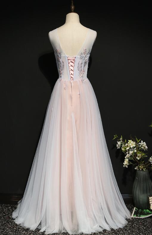 Hellrosa Tüll A-Linie Ballkleid mit Blumenmuster Langes Partykleid gh401