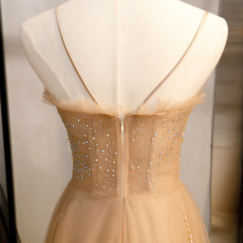 Champagner Pailletten Tüll Träger Langes Abendkleid Partykleid, Sweetheart Ballkleid gh25