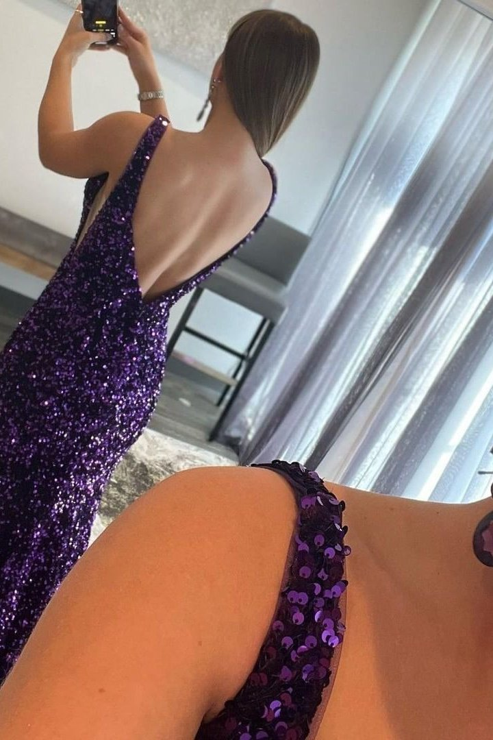 Lila V-Ausschnitt, langes Meerjungfrau-Abschlussballkleid mit Pailletten gh748