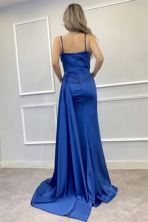 Spaghetti-Träger Perlenstickerei Langes Meerjungfrau-Abschlussballkleid Split mit Rüschen gh758