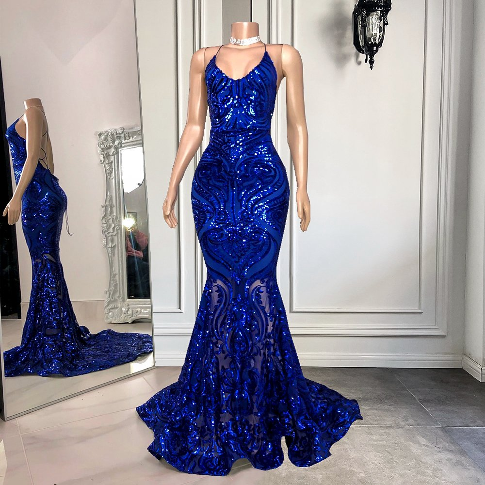 Spaghetti-Träger Königsblaues langes Meerjungfrau-Abschlussballkleid mit Pailletten | Ballbellas gh1795