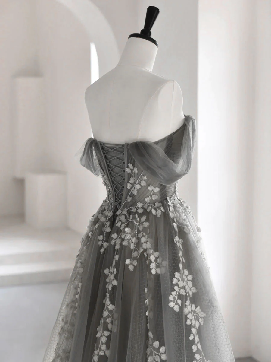 Graues A-Linien-Spitzen-Abschlussballkleid mit Herzausschnitt, graues formelles Kleid gh2577