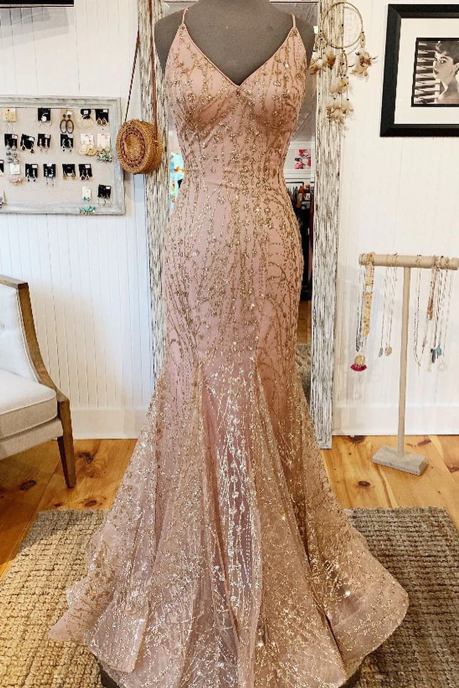 mermaid rose gold wedding dress V-Neck Long Prom with Criss Cross Back gh2408 – girlhomeshops Visit our Gold Coast Size (check size guide):S Prairie Bustle Country Dress her
