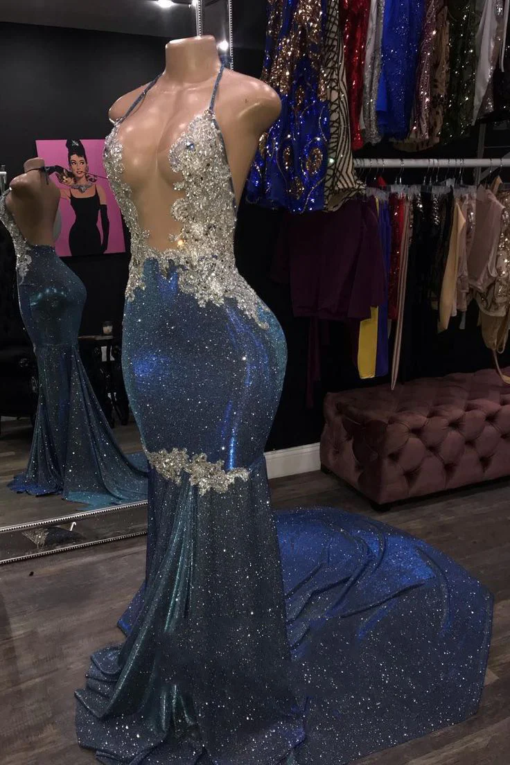 Blaues, rückenfreies, langes Neckholder-Ballkleid mit offener Vorderseite gh2102
