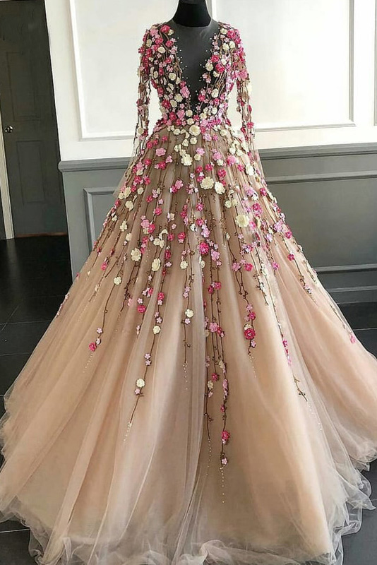 Geschwollenes Tüll-Abschlussballkleid mit langen Ärmeln und Spitzenblumen, langes Partykleid mit schönen Blumen gh2280