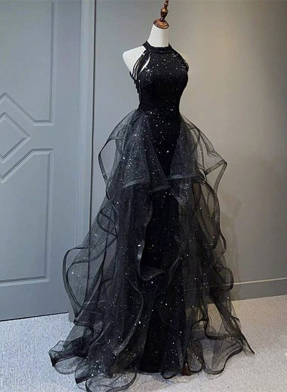 Hoher Ausschnitt, schwarzer Halter, glänzendes Tüll- und Pailletten-Partykleid, schwarzes Tüll-Abschlussballkleid gh2610