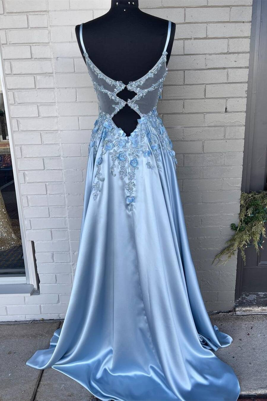 Hellblau A-Linie 3D Blumen Satin Langes Ballkleid gh2304