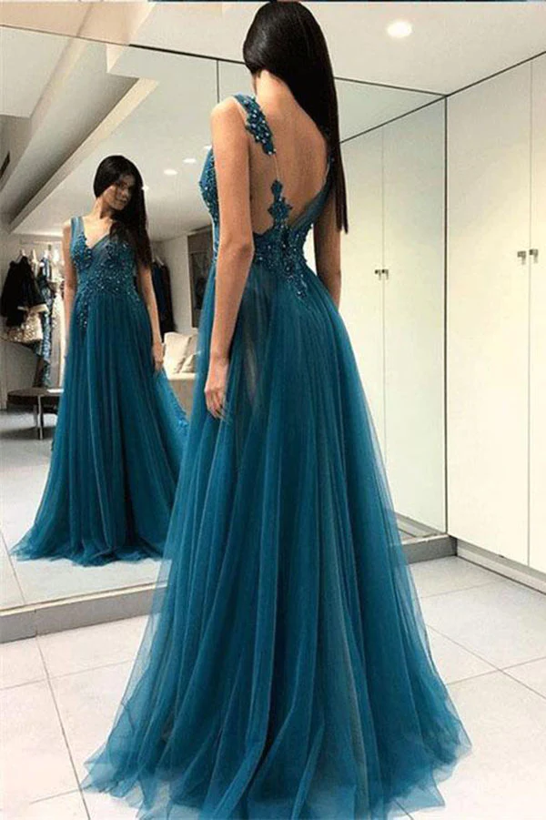A Line V Neck Tulle Open Back Lace Beads Sleeveless Evening Prom Dresses gh2016