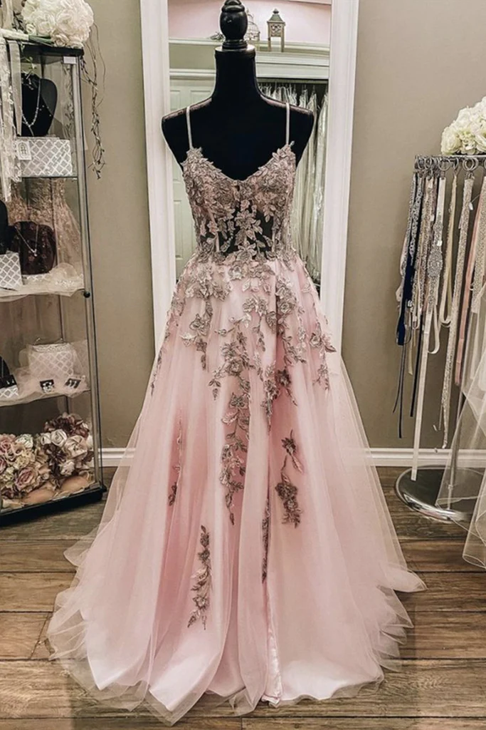 V-Ausschnitt rückenfreies langes Ballkleid aus rosa Spitze, langes formales Abendkleid aus rosa Spitze gh2283