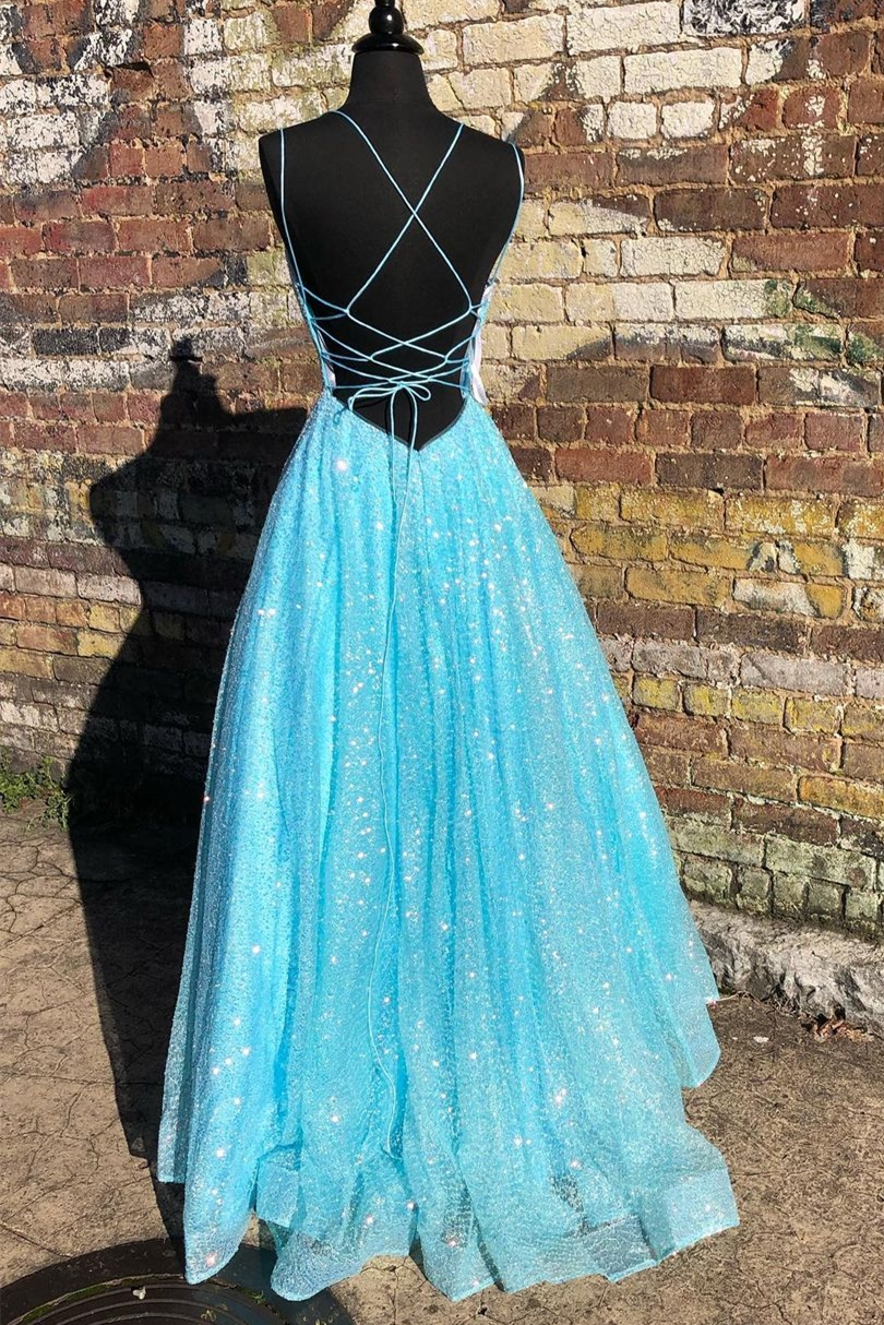 Blaues, glänzendes, langes formelles A-Linien-Kleid mit Schnürrücken gh2161