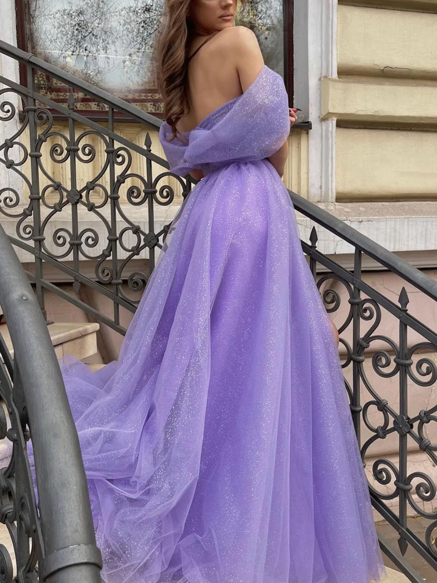 Lila schulterfreies, langes Ballkleid aus Tüll, formelles Kleid aus Tüll in A-Linie gh2251