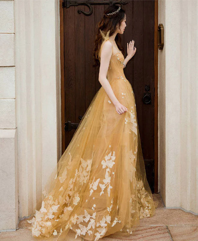 Langes Abschlussballkleid aus Champagner-Tüllspitze, Abendkleid aus Tüllspitze gh2231