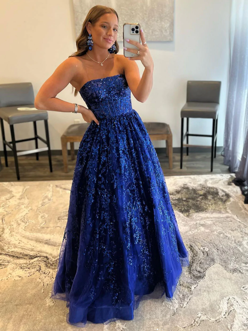 Blau A-Linie Tüll langes Ballkleid mit Pailletten, blaues Tüll Abendkleid gh2213
