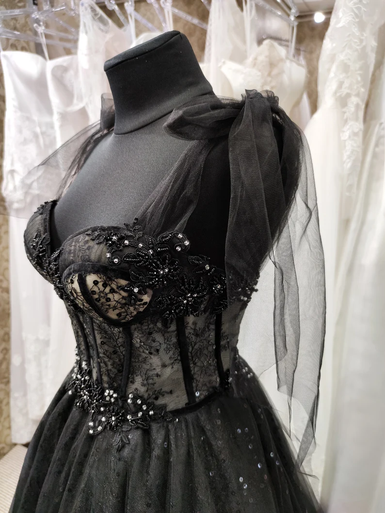 Tüll schwarz Applikation Perlen A-Linie Maxi Korsett Kleid Partykleid schulterfreies Kleid Ballkleid elegantes Abendkleid gh2106