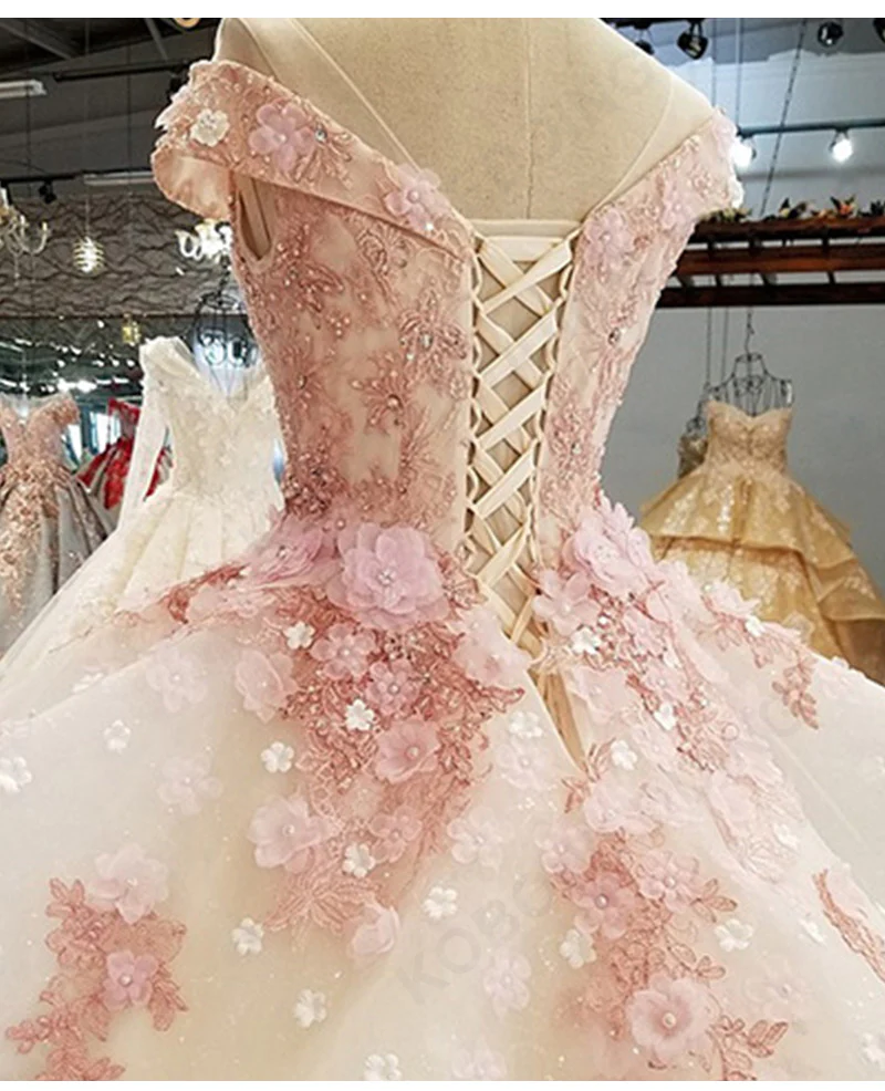 Ingvn Pink Princess Quinceanera Dress Appliques Beads 3D Flowers Prom Party Sweet 16 Ball Gown gh2074