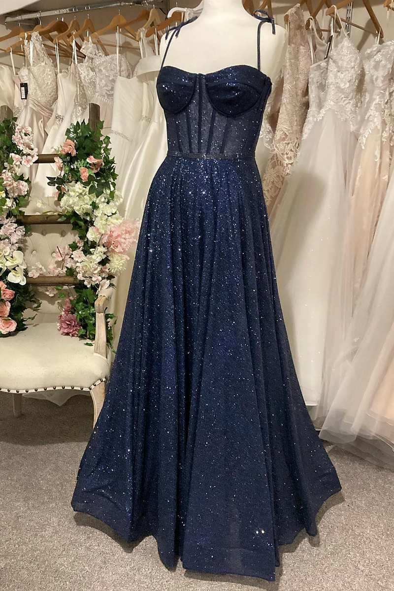 Princess Navy Pailletten-Riemenband A-Linie Ballkleid gh2640