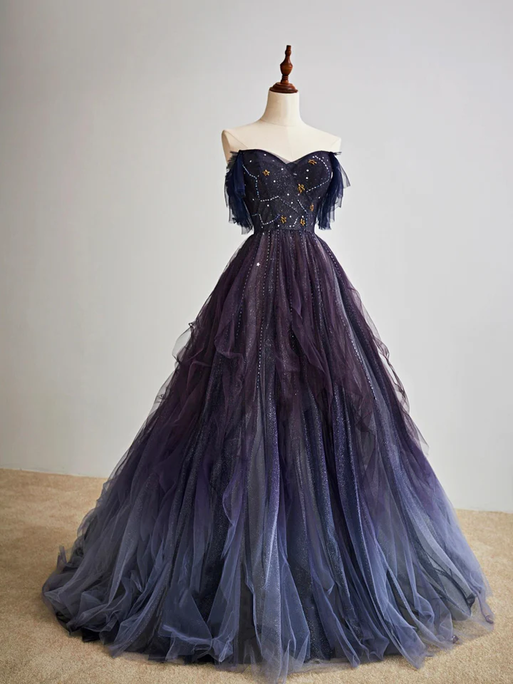 Purple Gradient Tulle Long Prom Dress, Beautiful A-Line Evening Party –  girlhomeshops