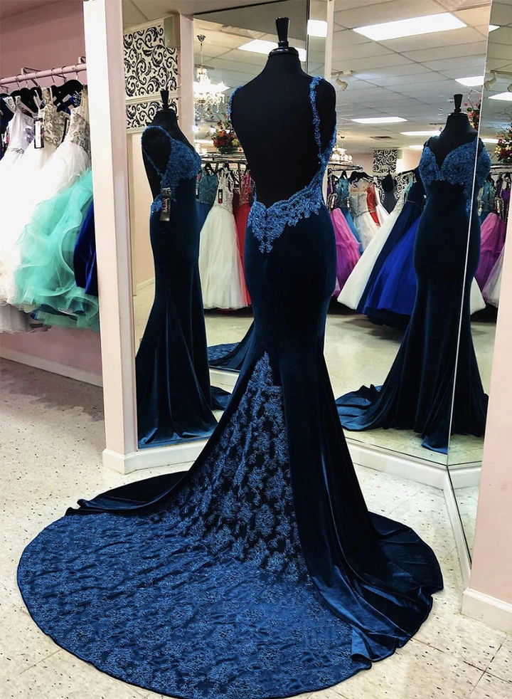 Sexy Mermaid Spaghettiträger Marineblau Langes Abschlussball/Abendkleid Applikationen gh2658