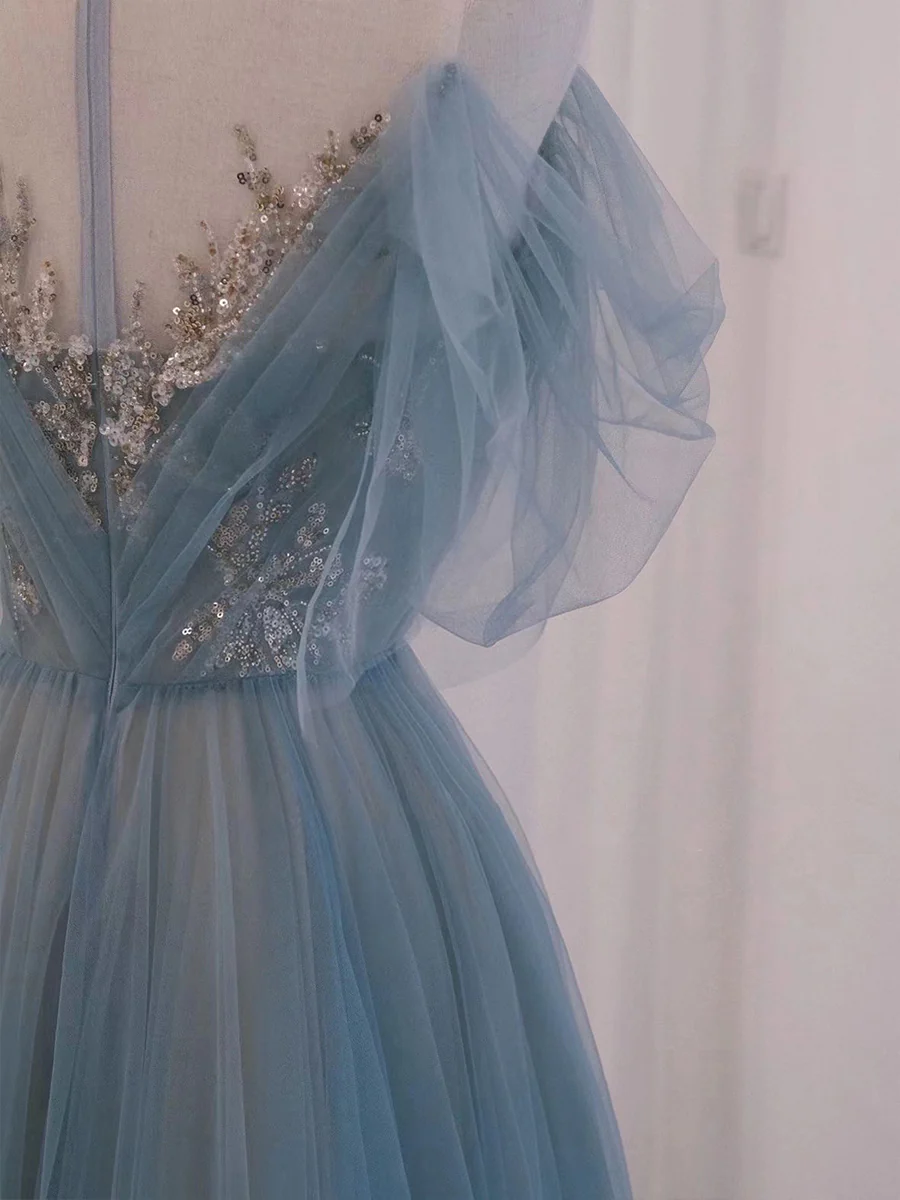 A-Line Scoop Neckline Tulle Gray Blue Long Prom Dress with Sequin gh2638