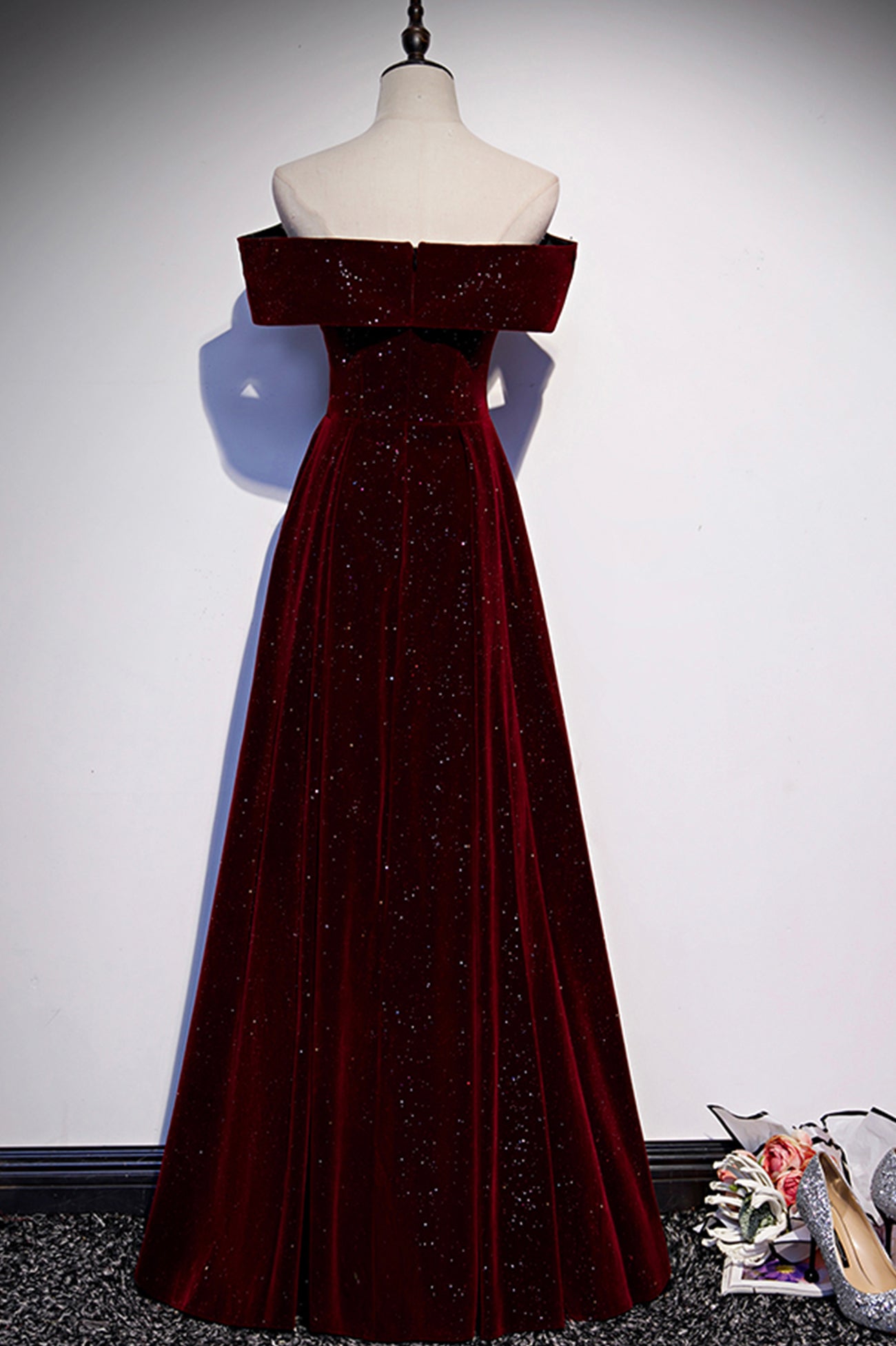 Burgundy Shiny Elegant Velvet Long A-Line Ball Gown Evening Dress 8560