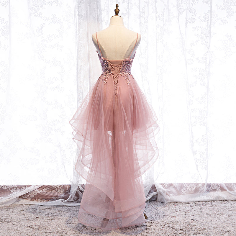 Cute v neck lace short prom dress high low evening dress 8315