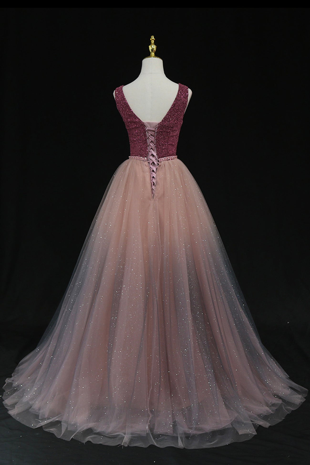 Shiny v neck tulle long prom gown formal dress 8602