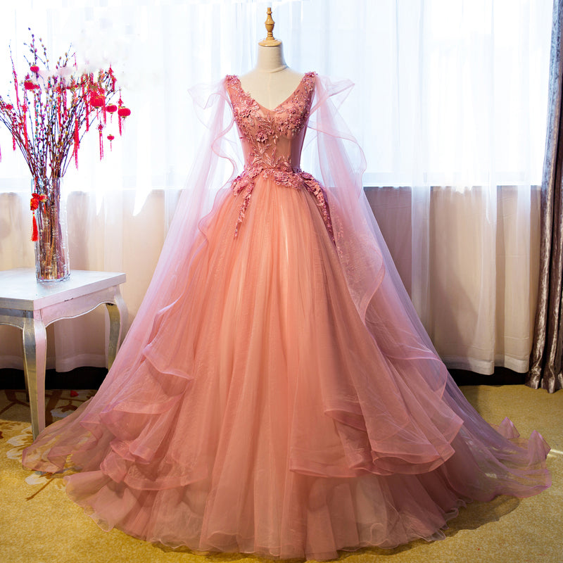 Pink v neck tulle lace ball gown formal dress 8240