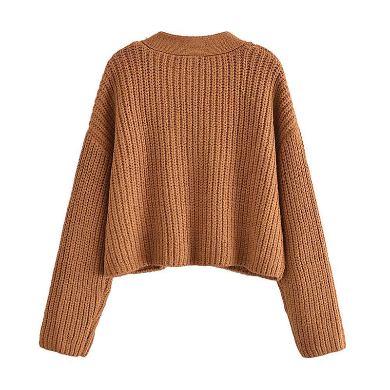 Versatile V-neck pocket sweater sweater sweater jacket 7758