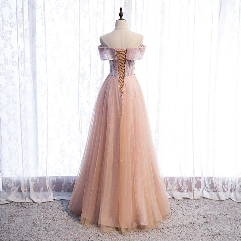Pink tulle sequins long prom dress formal dress 8318
