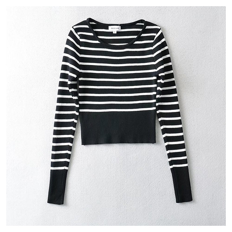 U-neck striped long sleeve slim fitting bottomed sweater for women 7736
