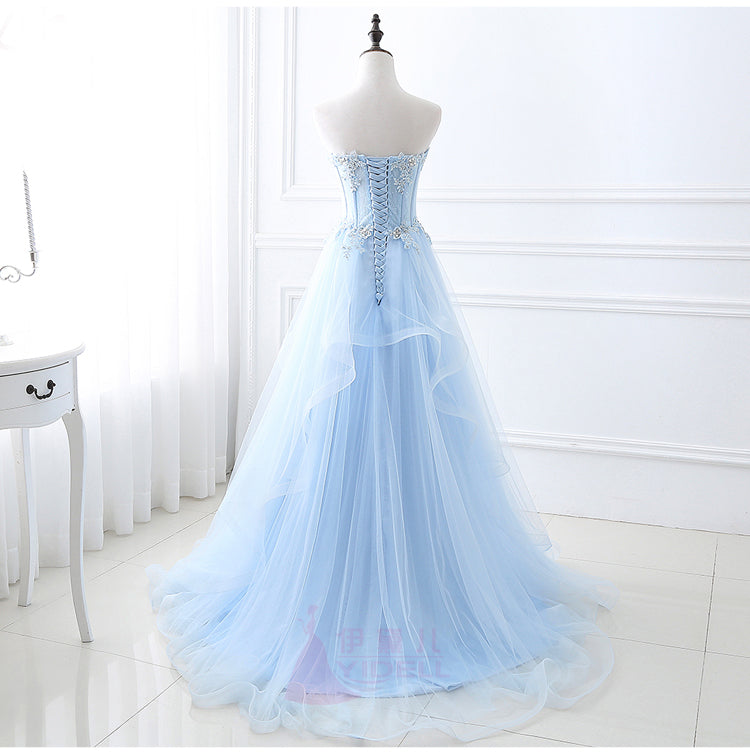 Blaues langes Ballkleid aus Tüllspitze, blaues Spitzenabendkleid 8039